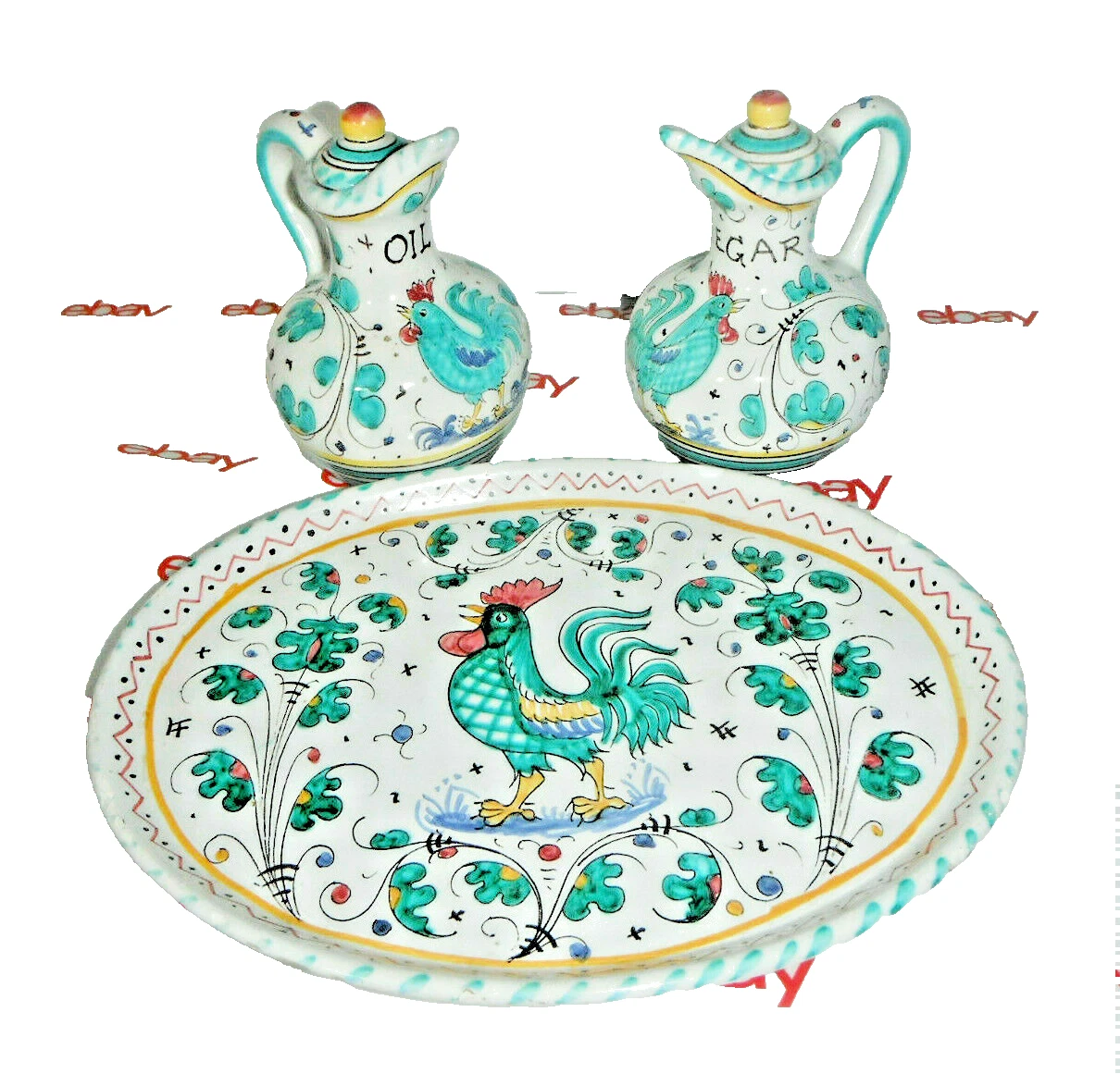 Roosters Oil /Vinegar Cruet & Serving Dish Pottery Set by P V Italy