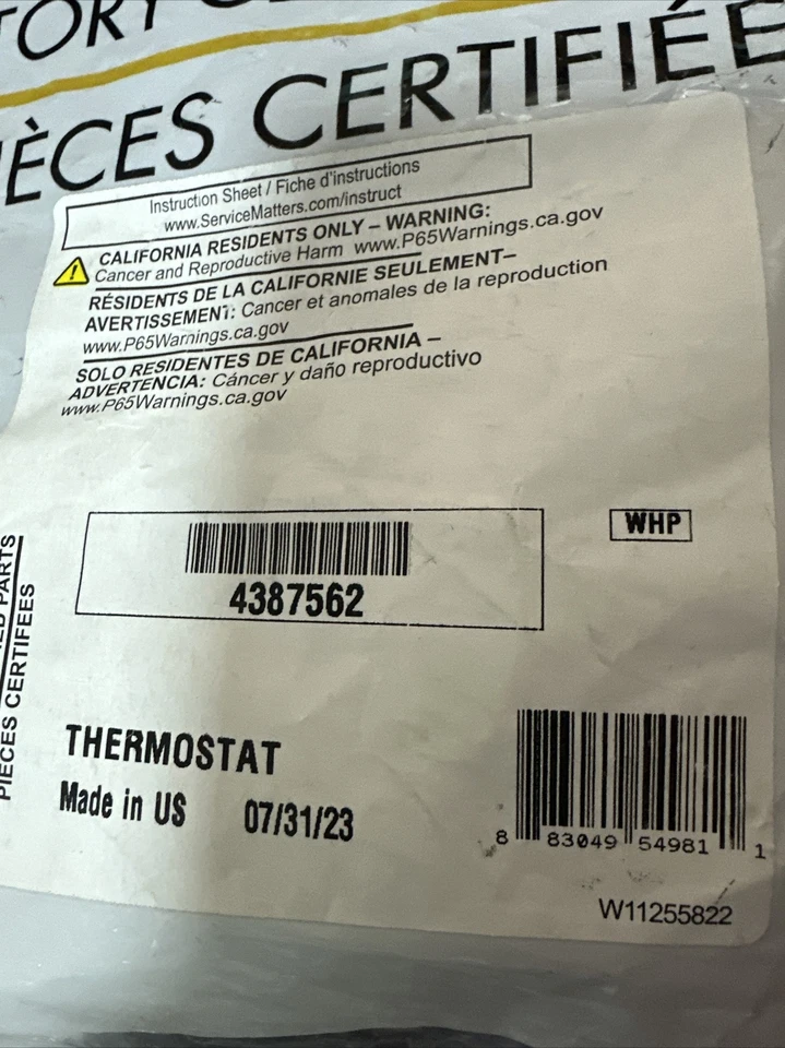 NEW OEM WHIRLPOOL 4387562 THERMOSTAT FOE WHIRLPOOL REFRIGERATOR 2172592 2172690 - Image 2 of 4