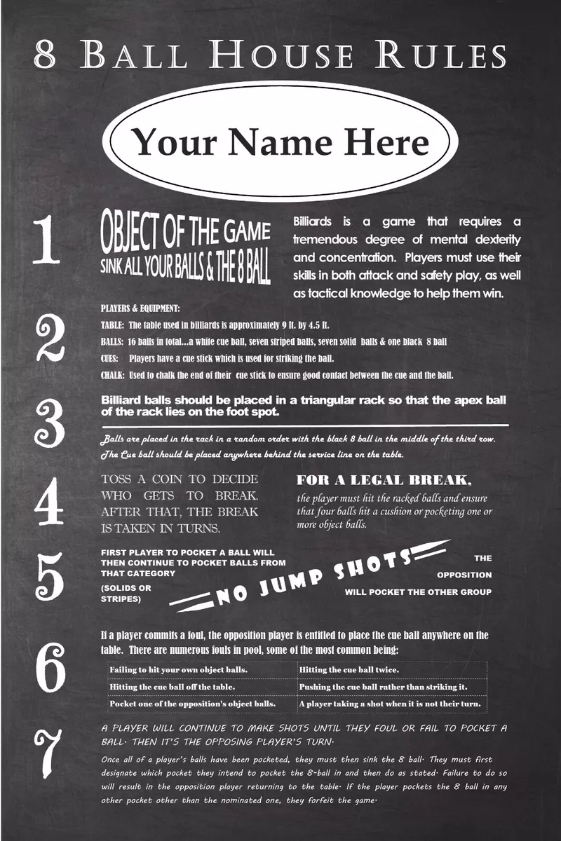 BILLIARD POOL TABLE EIGHT 8 BALL RULES & REGULATION POSTER - LAMINATED 11 x  17