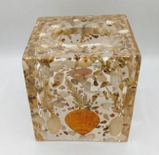 Lucite Acrylic Clear Thick Shells Ocean Square Tissue Box Cover Holder Beach