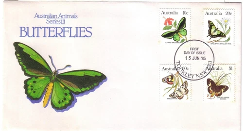 1983 FDC Australia. Butterflies. Animal Series 3. 4 stamp. Various FDI postmarks