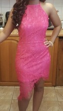 Pretty Little Thing Hot Pink Lace Asymmetrical Mini Size 8 Worn Once