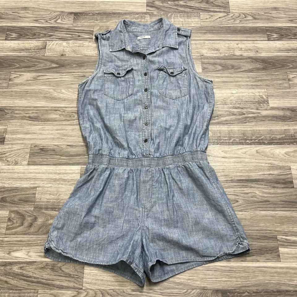 Mameluco vaquero azul cintura elástica sin mangas con botones GAP para mujer talla pequeña Foto 2 de 4