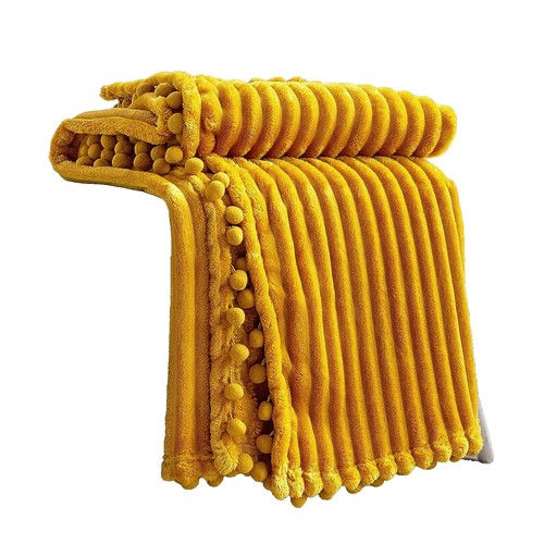 HOT Pom Pom Gold Knit Throw Blanket Fur Pom Pom Knit Throw