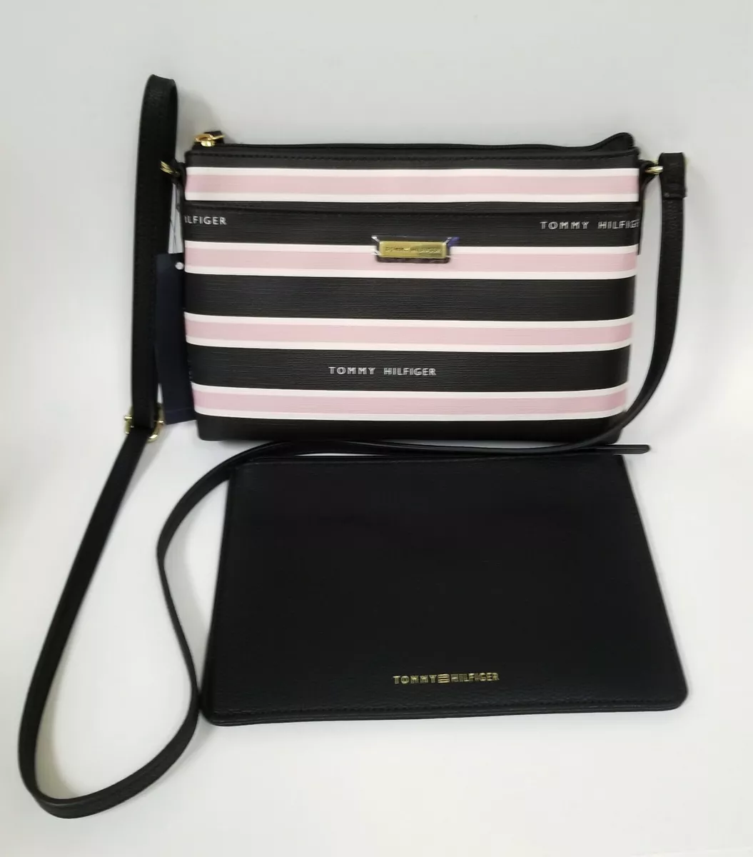 NEW TOMMY HILFIGER 2 PC BLACK WHITE PINK STRIPED GOLD VINYL