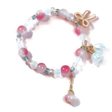 Beautiful PINK  GREEN TULIP glass beaded stretch BRACELET. NEW