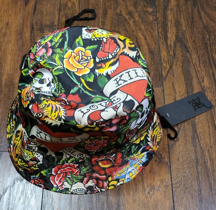 Ed Hardy Cream Bucket Hat with Embroidered Skull and Flowers NEW Ed Hardy Bucket Hat One Size NWT Ivory Sherpa Signature  main image 3