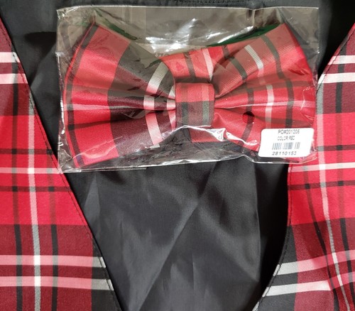 Mens Plaid Dress Vesuvio Napoli Vest & BOWTie Black Red White Set sz 3XL - Picture 7 of 8