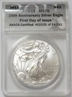 2011 SILVER AMERICAN EAGLE ANACS MS 70 FDOI $1 DOLLAR 25TH ANNIVERSARY 1oz COIN