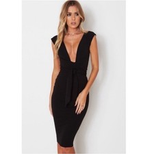NEW Nookie Royal Midi Dress in Black XS Bodycon Plunging Neckline Sleeveless