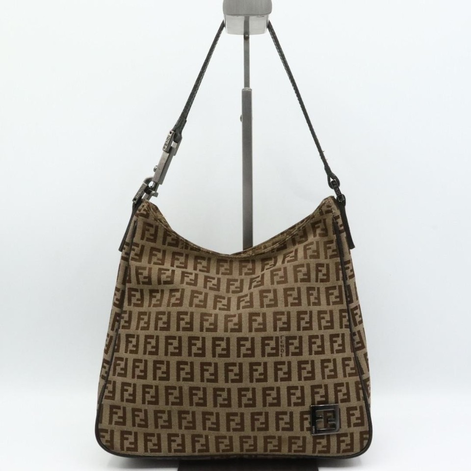 FENDI Women's Shoulder Bag Zucchino Canvas Brown FF Logo Pattern Casual Designer