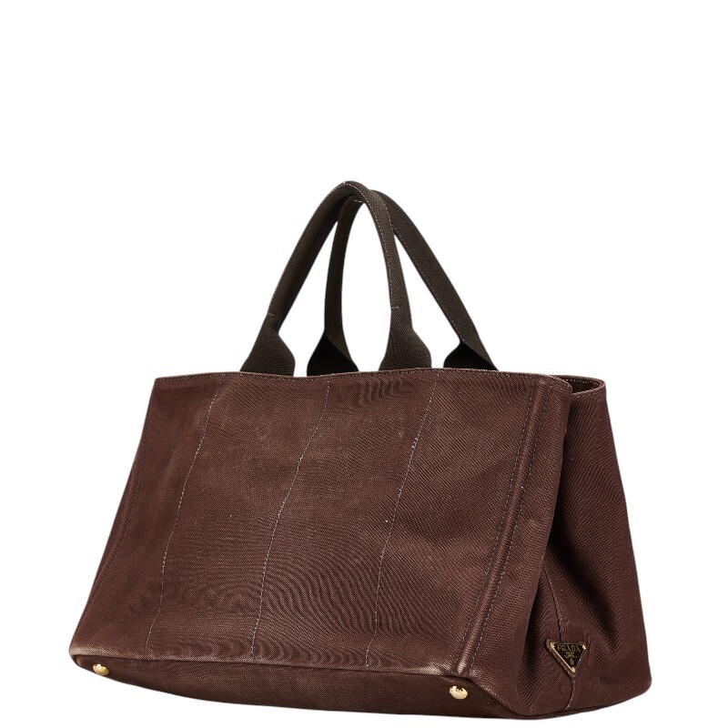 PRADA Triangle Logo Plate Canapa L Handbag Tote Bag Brown Canvas Ladies Used fro thumbnail 2