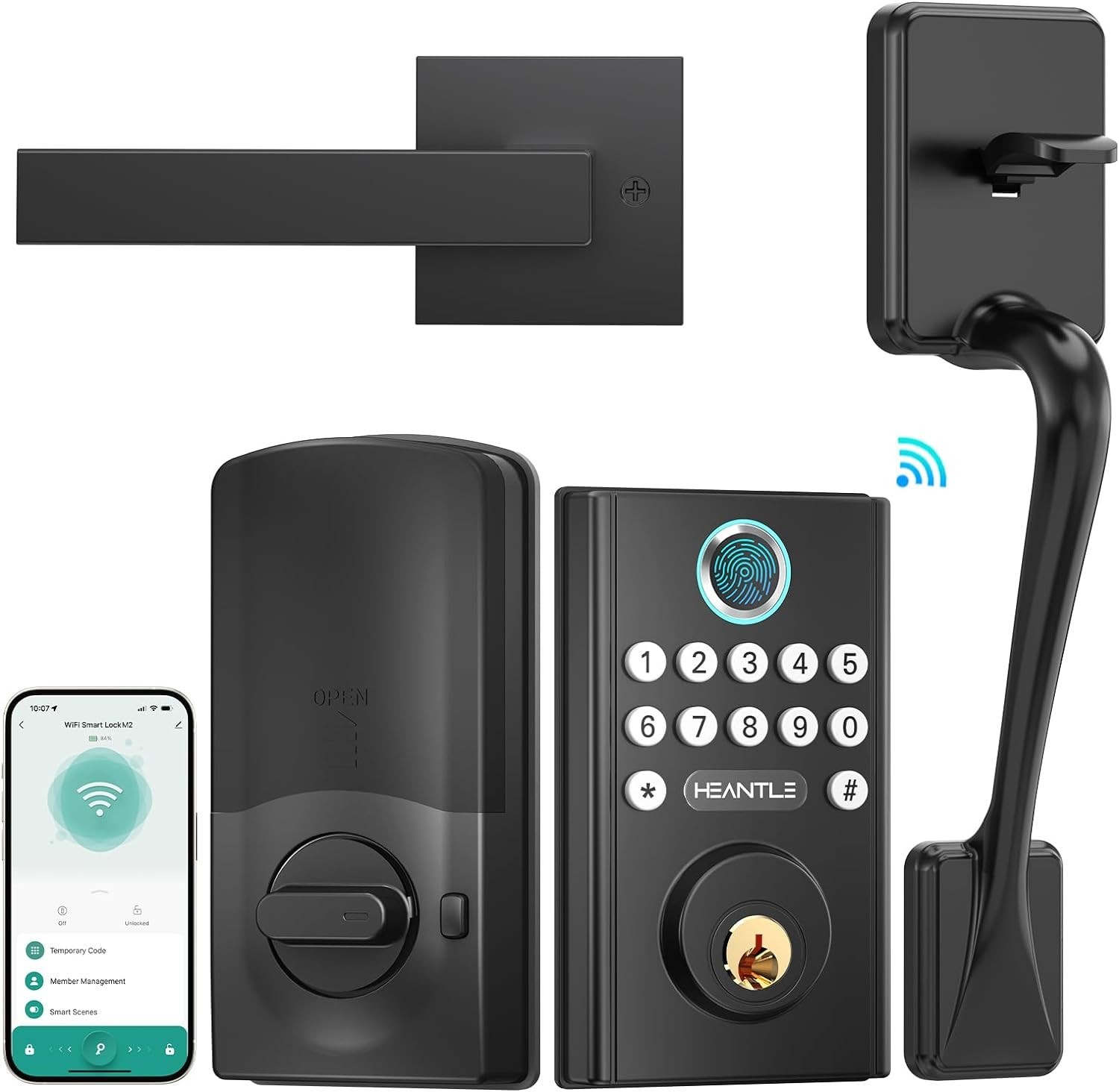 HEANTLE Smart Front Door Lock Set with Handle WiFi Keyless Fingerprint Deadbolt-image