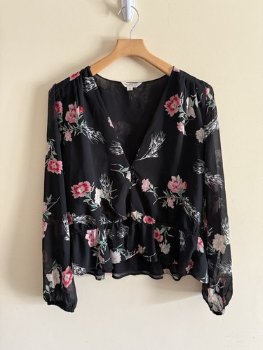 Miss selfridge womens blouse top size 12 black floral 3/4 sleeve V Neck