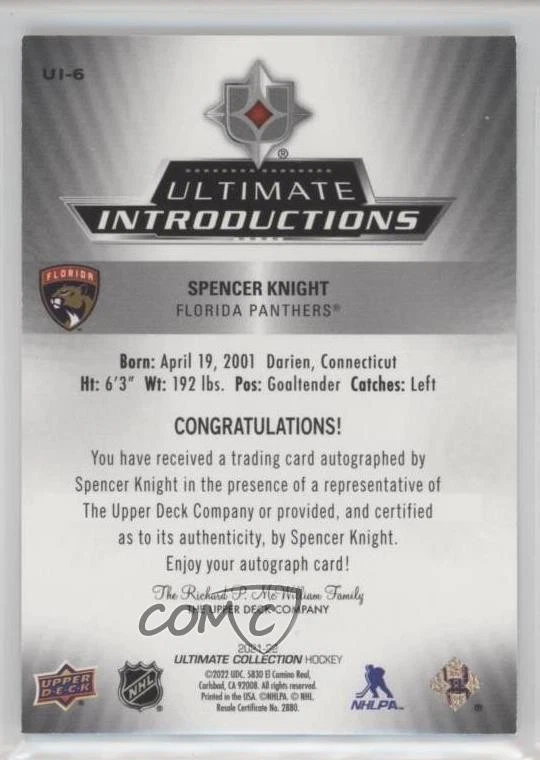 2021-22 Ultimate Collection Introductions Gold /50 Spencer Knight Rookie Auto RC - Image 2 of 2