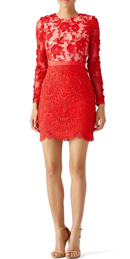 monique lhuillier calypso lace dress Monique Lhuillier Calypso Floral Lace Dress Red SZ 8 cocktail event Lace  Floral