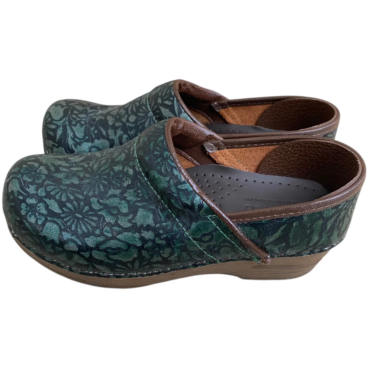 Sanita Professional Clogs Womens EU 35 US 5 Green Metallic Floral Embossed Work