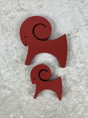 Ikea VINTERFINT Wood Figurine Set Of 2 Decoration Goat Red 4.5'' & 7''