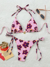Women's Cute Pink Purple Tropical Floral Swimwear Cheeky String Bikini Swim Set