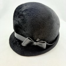 Vtg MCM Bullocks Wilshire Helios Black Faux Fur Cloche Derby Hat Leather Bow