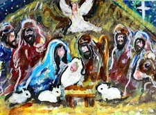 ACEO Original Christmas MANGER Painting Nativity Religious Baby Jesus Animal ART