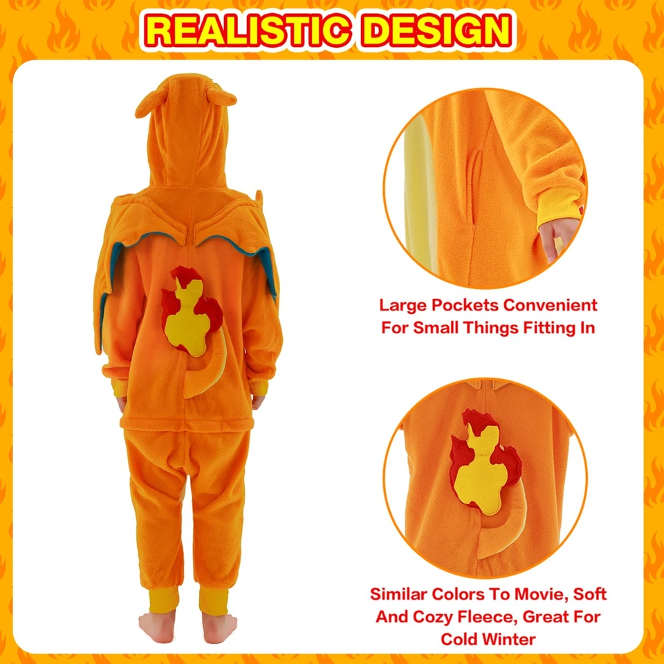 Charizard Pajamas with Standing Tail for Halloween, Cosplay Costume Jumpsuit - Image 4 of 4