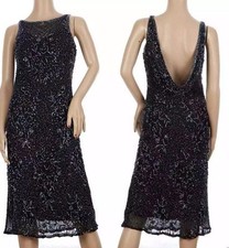 VTG Scala Silk Dress Beaded Midi Open Back Cocktail Navy Formal Lined S