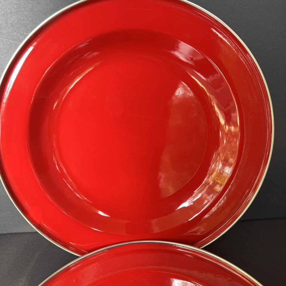 Discontinued Pottery Barn Enamelware Plates Red 10” Set of 2 Metal Partyware NOS - Image 4 of 4