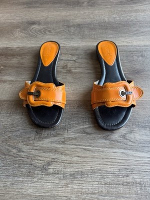 Fendi orange patent leather buckle flat slide sandals Size 37