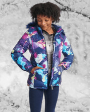 Justice Girls XS 4-5 Puffer Jacket w/ Faux Fur Lined Hood; Actual Navy Splatter