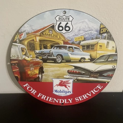 VINTAGE MOBILGAS AUTO ROUTE 66 GASOLINE MOTOR OIL PORCELAIN SIGN