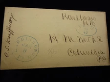Antique 1857 Postal Cover Envelope Harrisburgh to Columbis, PA, Stamped 3¢