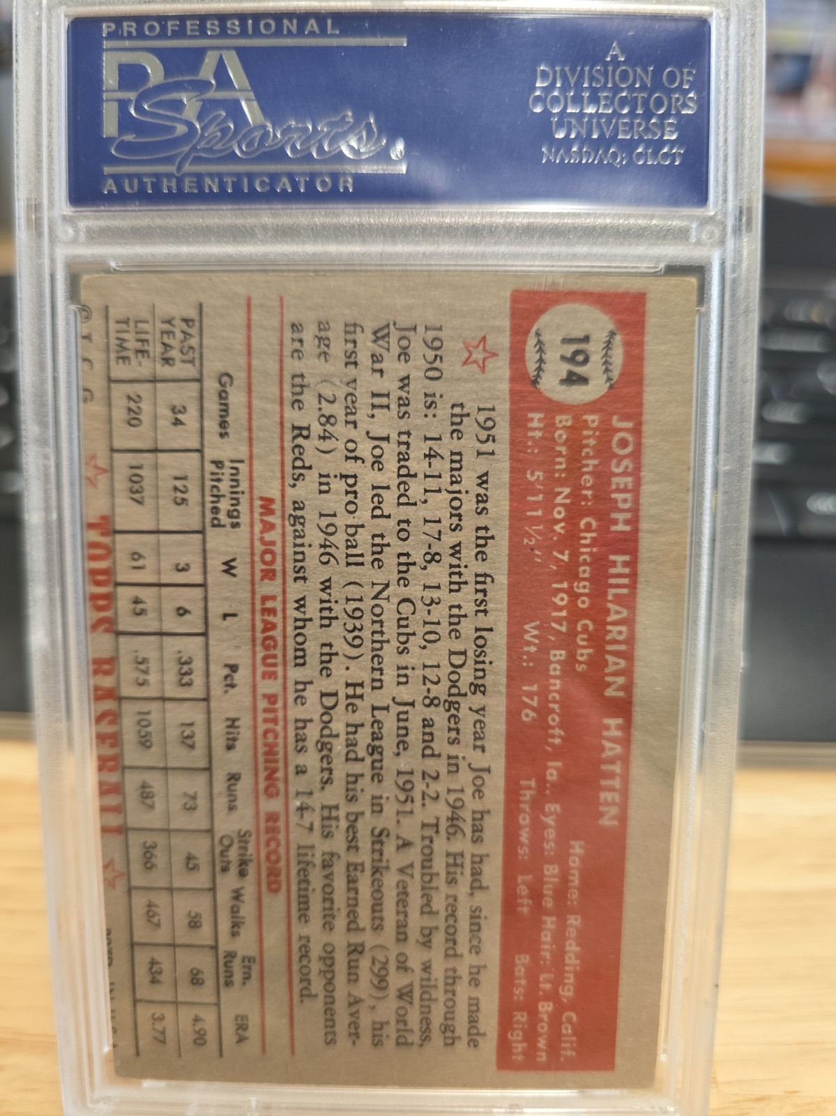 1952 Topps #194 Joe Hatten PSA 5 Chicago Cubs  view 2
