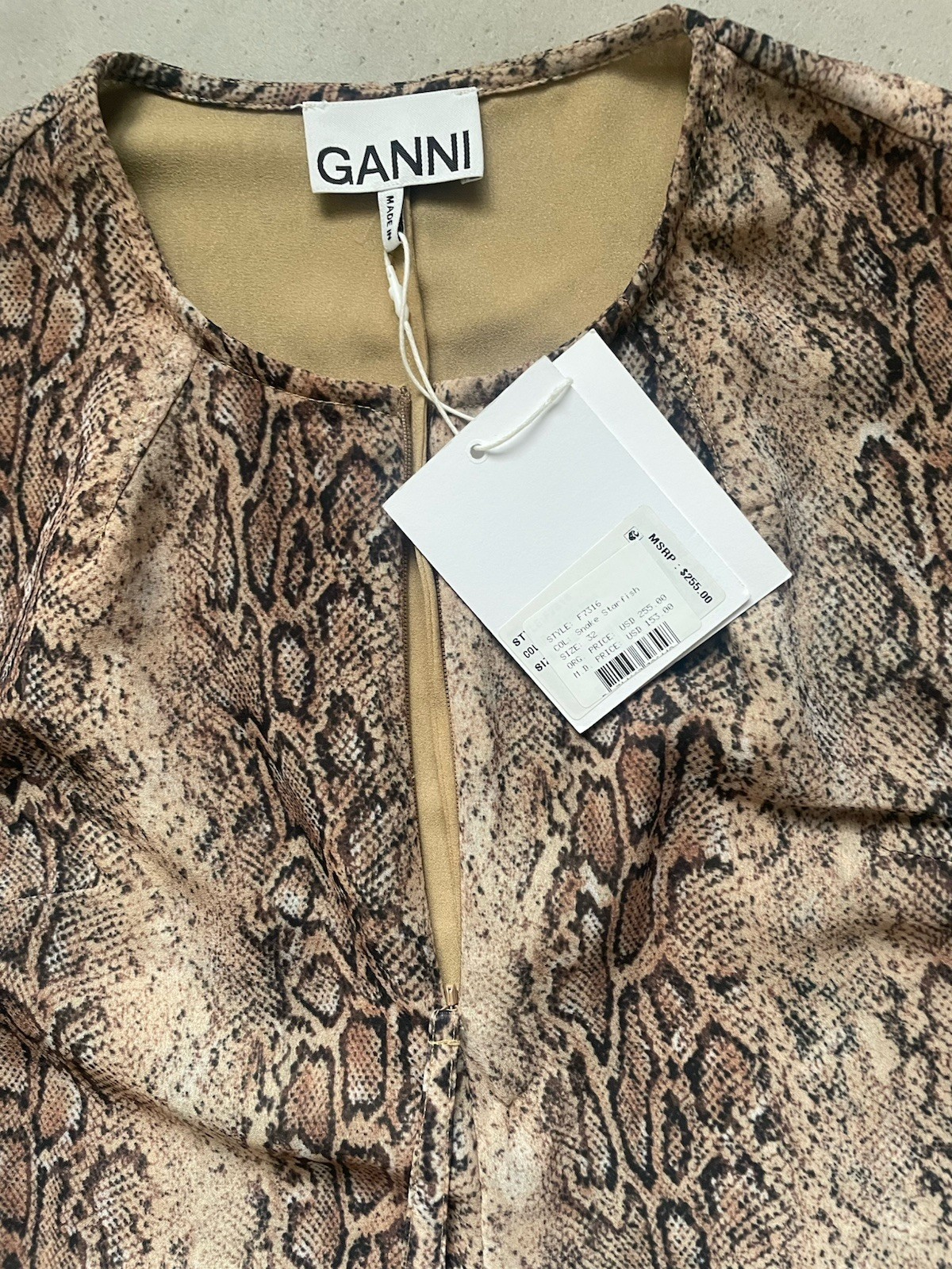 GANNI Snake Print Maxi Dress Size XS (32) Long Sleeve Zip Front Brown Lined NWT image 6
