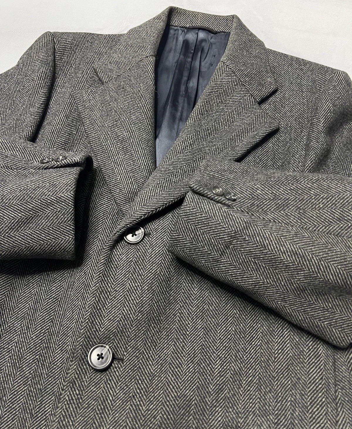 Vintage Hart Schaffner & Marx Coat Men L Gray Herringbone Wool Overcoat 80s USA
