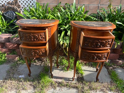 Pair Of 1940 Walnut French Provincial Carved Marble Table - Picture 7 of 16