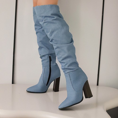 Casual Knight Womens Slouchy Combat Zip High Block Heels Ridding Knee High Boots - Picture 3 of 31