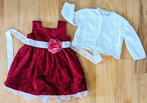 Baby Toddler Girl Velvet Christmas Dress Red W/Flower & Cardigan Sweater 18 mon