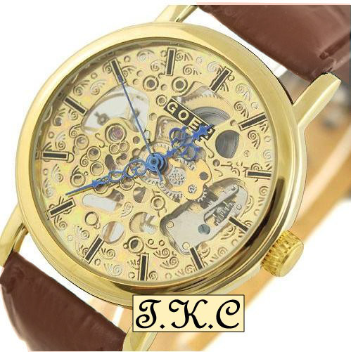 Lusso Oro Meccanico a Carica Scheletro Steampunk Pelle Marrone