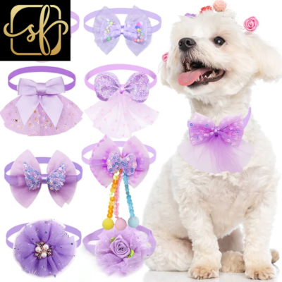 10Pcs Pet Dog Bow Collar Adjustable Dog Cat Bows Collar Lace Bling