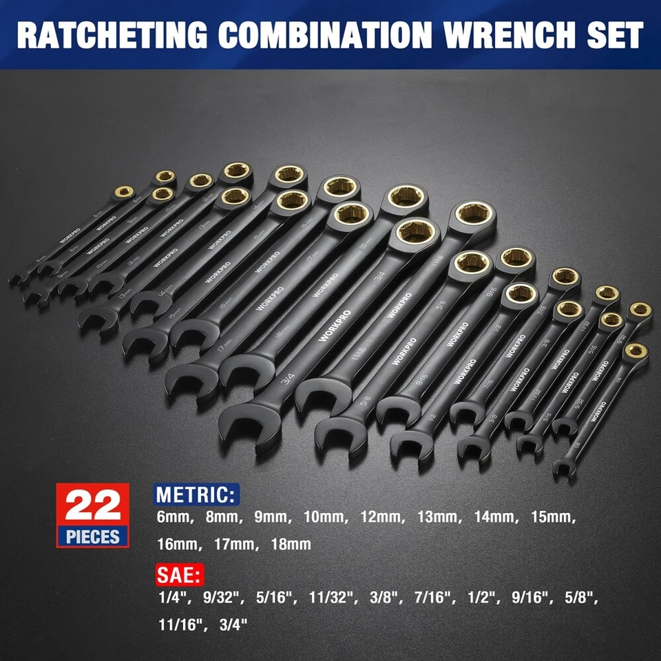 Juego de llaves de trinquete WORKPRO 22 piezas 72 dientes antideslizantes con caja organizadora EE. UU. Foto 2 de 4