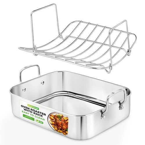 Nutrichef Roasting Pan w/ Polished Rack, Wide Handle & Stainless Steel Lid
