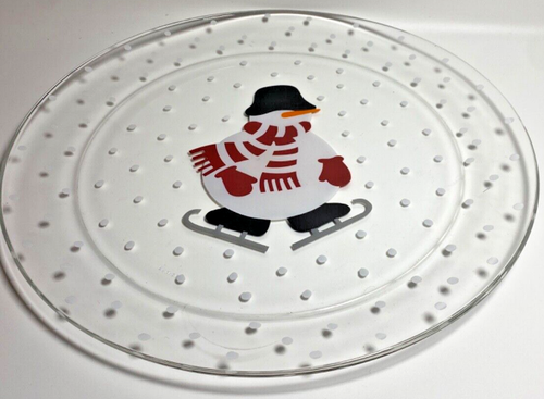 Crate & Barrel Snowman Skating Dot Snowflakes 13" Platter