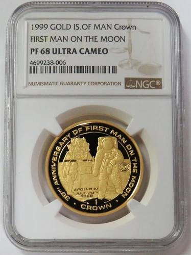 1999 GOLD ISLE OF MAN 999 MINTED 1 oz FIRST MAN ON THE MOON COIN NGC PROOF 68 UC