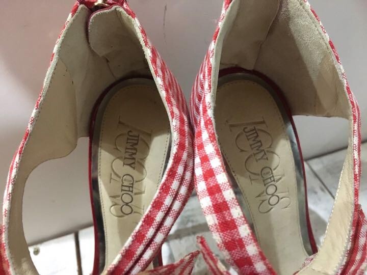 JIMMY CHOO Red Gingham Check High Heel Pumps with Ribbon [EX JIMMY CHOO Red Gingham Check High Heel Pumps with Ribbon [EX