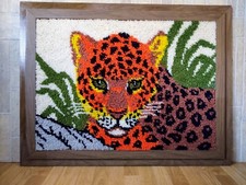   Vtg. MCM COMPLETED LARGE 40 W x 30 1/2 H FRAMED LATCH HOOK RUG PANTHER  