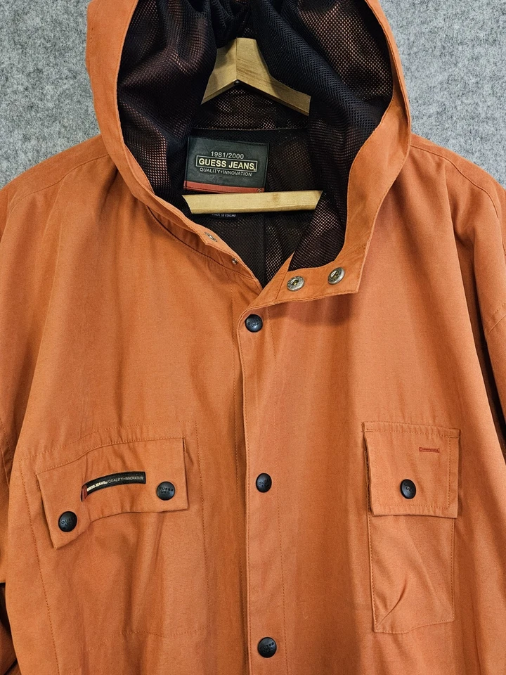 Chaqueta softshell con capucha Guess para hombre 2XL bolsillos naranja a presión completos retro años 90 Y2K Foto 4 de 4