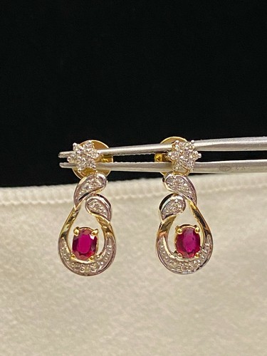 Pave 0.90 Cts Round Brilliant Cut Diamonds Ruby Dangle Earrings In 585 14K Gold - Picture 2 of 12