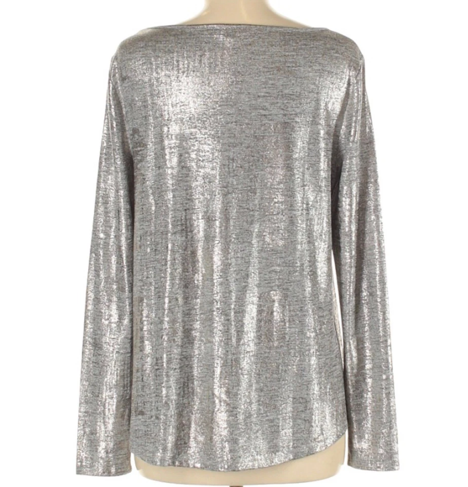 Lilla P Top Metallic Silver Sheen Gray Shirt Long Sleeve Round Neck Size Medium - Image 2 of 4