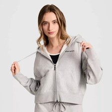 Champion Women Cropped Hooded Fleece Zip-Up Hoodie - Light Heather Gray M